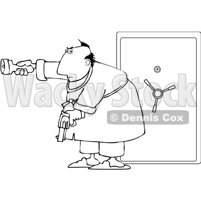 Cartoon Black and White Man Holding a Gun and Flashlight in Front of His Safe © djart #1666023