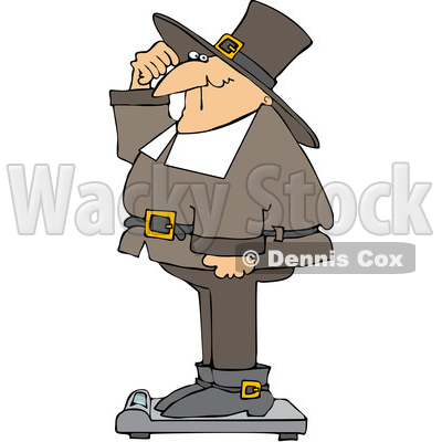 Cartoon Pilgrim Standing on a Scale Showing Holiday Weight Gain After Thanksgiving © djart #1692267