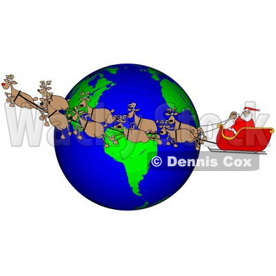 Cartoon Santa and Magic Reindeer Flying over Earth © djart #1692319