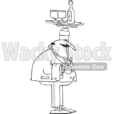 Clipart of a Chubby Male Waiter Holding up a Wine Tray - Royalty Free Vector Illustration © djart #1694815