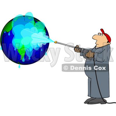 Clipart of a Cartoon Worker Pressure Washing a Globe - Royalty Free Vector Illustration © djart #1694818
