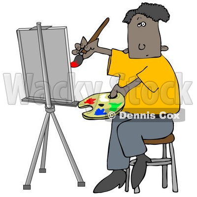 People Clipart Illustration Image of an Black Male Artist Sitting On A Stool And Holding A Palette While Oil Painting A Portrait On A Canvas On An Easel © djart #16957