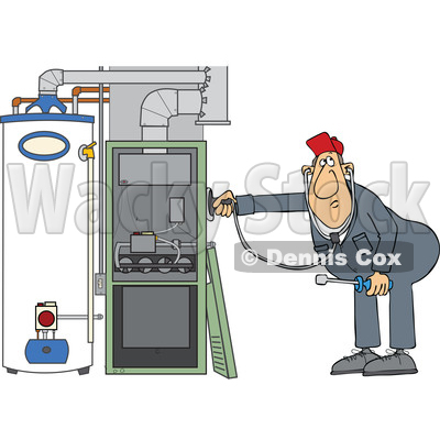 Cartoon HVAC Worker Holding a Stethoscope up to a Furnace © djart #1695877