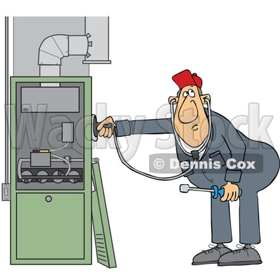 Cartoon HVAC Worker Holding a Stethoscope up to a Furnace © djart #1695878
