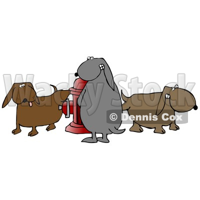Animal Clipart Illustration Image of a Group of Bad and Mischievous Brown and Gray Dogs Pissing on a Red Fire Hydrant © djart #16960