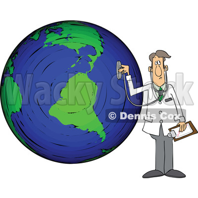Cartoon Male Doctor Using a Stethoscope on a Globe © djart #1696513