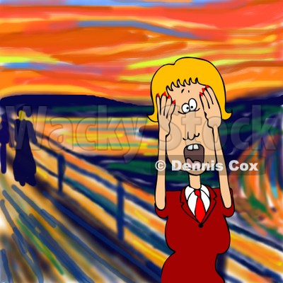 People Clipart Illustration Image of a Stressed Out Blond Caucasian Business Woman Holding Her Hands to Her Cheeks While Screaming, a Humorous Parody of The Scream by Edvard Munch © djart #16978