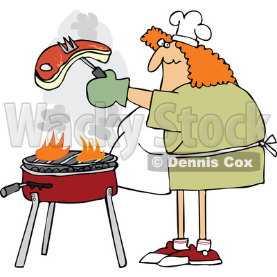 Cartoon Chubby Woman Cooking a Steak on a BBQ Grill © djart #1698621