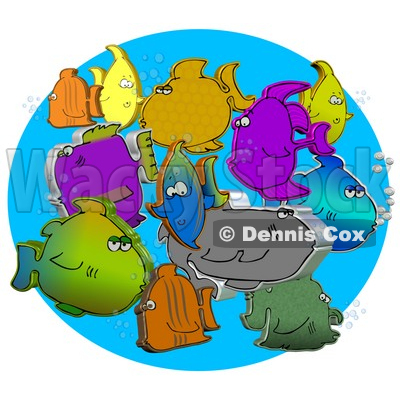 Diverse Group Of Different Colored 3d Fish Schooling Together With Bubbles Clipart Illustration © djart #16994