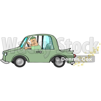 Caucasian Man Driving A Green Car With Popcorn Popping Out Of The Muffler, Symbolizing A Biodiesel Car Clipart Illustration Image © djart #16995