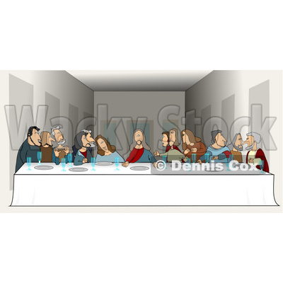 People Clipart Picture of a Parody Of "The Last Supper" By Leonardo Da Vinci Showing Jesus And His Twelve Apostles At A Long Dinner Table With Plates And Glasses In Front Of Them During The Lord's Supper © djart #16997