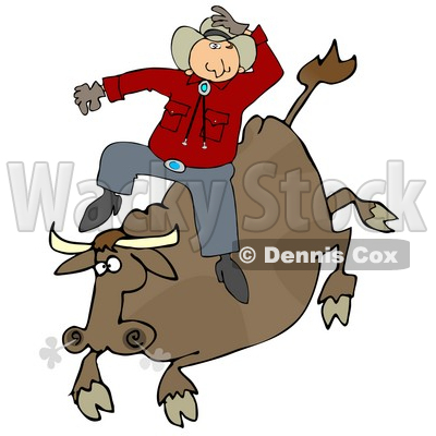 Male Caucasian Cowboy Holding Onto His Hat While Riding A Bucking Bronco Bull During A Rodeo Clipart Illustration Image © djart #17007