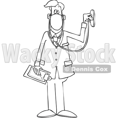 Cartoon Black and White Male Doctor Wearing a Mask and Listening Through a Stethoscope © djart #1705738