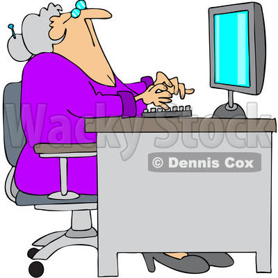 Cartoon Old Woman Looking up at Her Computer Desk © djart #1706016