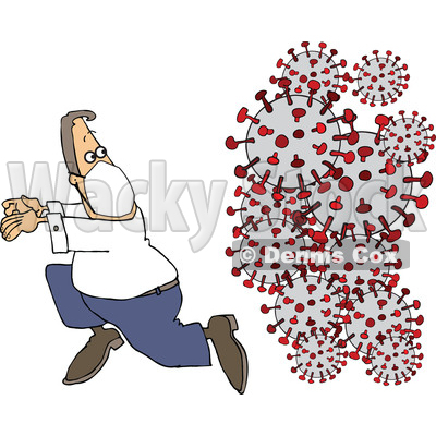 Cartoon Man Wearing a Mask and Running from Viruses © djart #1706663