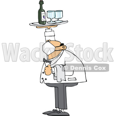 Cartoon Male Waiter Wearing a Mask and Holding up a Wine Tray © djart #1708721