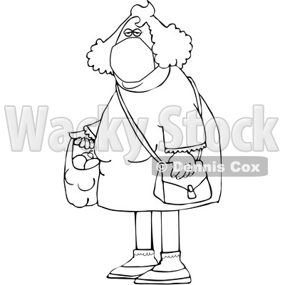 Cartoon Black and White Woman Wearing a Mask and Carrying a Plastic Bag Full of Fruit © djart #1712430
