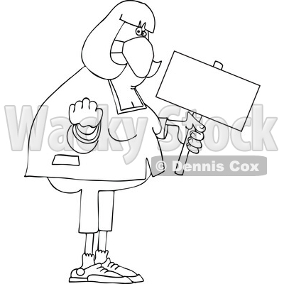 Cartoon Black and White Chubby Woman Holding up a Fist and Blank Sign © djart #1714233