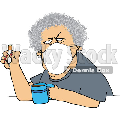 Cartoon Grumpy Old White Woman Wearing a Mask and Smoking a Cigarette over Coffee © djart #1714238