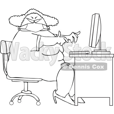 Cartoon Black and White Chubby Woman Wearing a Mask and Working at a Desk © djart #1714312