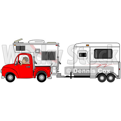 Woman Driving a Red Pickup Truck with a Camper and Hauling a Horse Trailer © djart #1714540