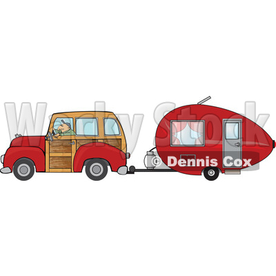 Cartoon Man Driving a Red Woody Car and Pulling a Teardrop Trailer © djart #1716277