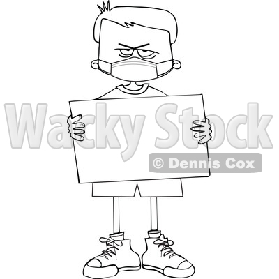 Cartoon Black and White Angry Boy Wearing a Sign and Holding a Mask © djart #1716845