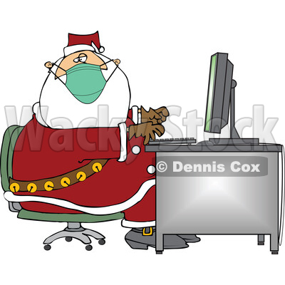 Cartoon Christmas Santa Claus Wearing a Mask at a Computer Desk © djart #1716941
