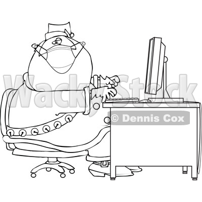 Cartoon Black and White Christmas Santa Claus Wearing a Mask at a Computer Desk © djart #1716942