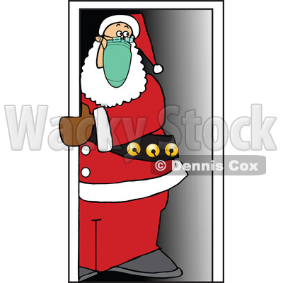 Cartoon Covid Christmas Santa Wearing a Mask in a Doorway © djart #1717411