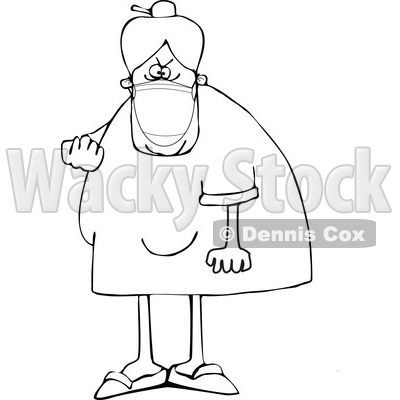 Cartoon Black and White Angry Granny Wearing a Mask and Flipping the Bird © djart #1717596
