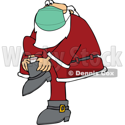 Cartoon Coronavirus Santa Wearing a Mask and Putting His Boots on © djart #1718672
