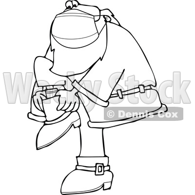 Cartoon Black and White Covid Santa Wearing a Mask and Putting His Boots on © djart #1718673