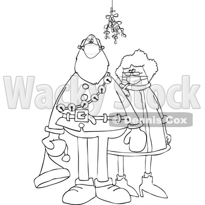 Cartoon Corona Virus Santa and Mrs Claus Wearing Masks Under Mistletoe © djart #1718693