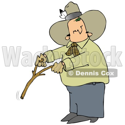 Caucasian Cowboy With A Feather In His Hat, Looking Back Over His Shoulder While Handling A Stick While Water Witching Or Dowsing Clipart Illustration Image © djart #17191
