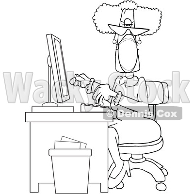 Cartoon Black and White Senior Female Secretary Wearing a Mask at Her Desk © djart #1719188