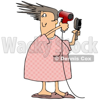 Caucasian Woman Her Pjs Holding A Hairbrush And Using A Red Blow Dryer To Dry And Style Her Hair While Getting Ready For Work In The Morning Clipart Illustration Image © djart #17193