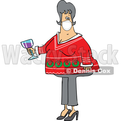 Cartoon Chubby White Woman Holding a Glass of Wine and Wearing a Covid Mask and Ugly Christmas Sweater at a Party © djart #1719474