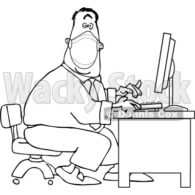 Cartoon Black and White Businessman Wearing a Covid Mask and Typing at a Desk © djart #1719522