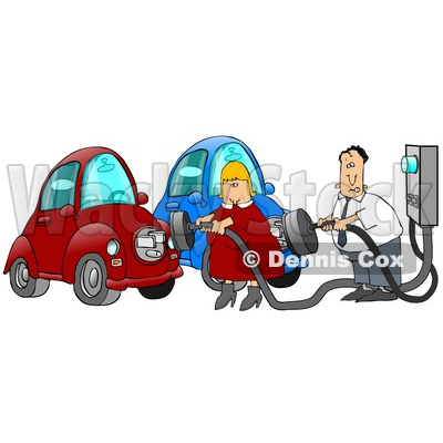 Caucasian Couple, a Man and a Woman, in Their Garage, Plugging in their Electric Cars to Sockets to Charge Clipart Illustration Image © djart #17196