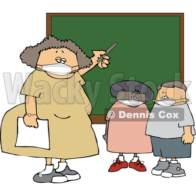 Cartoon Female Elementary School Teacher and Students Wearing Masks by a Chalkboard © djart #1719889