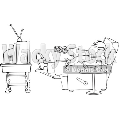 Sick Lineart Man Wearing a Mask While Watching TV at Home © djart #1719913