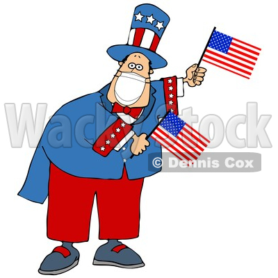 Cartoon Uncle Sam Wearing a Covid Mask and Waving American Flags © djart #1719917