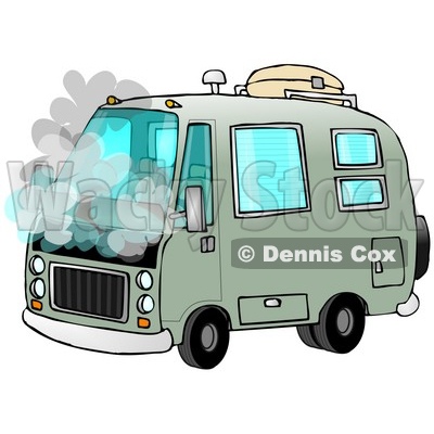 Broken Down Green Rv Motorhome Pulled Over On The Side Of The Road With Smoke Coming Out Of The Engine Compartment Clip Art Illustration © djart #17235