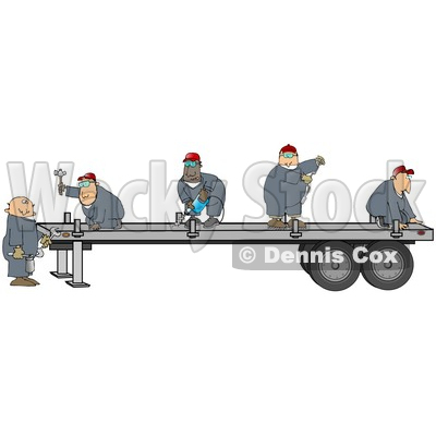 Group Of Worker Men In Blue Coveralls Using Tools To Fix Or Build A Trailer For A Big Rig Clipart Illustration © djart #17244