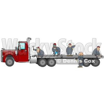 Group Of Worker Men In Blue Coveralls Using Tools To Fix Or Build A Flatbed Trailer That Is Attached To A Red Big Rig Truck Clipart Illustration © djart #17245