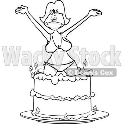 Cartoon Lady Wearing a Mask and Bikini and Popping out of a Birthday Cake © djart #1726964