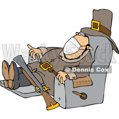 Cartoon Pilgrim Wearing a Mask and Napping in a Chair © djart #1728326