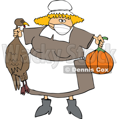 Cartoon Pilgrim Woman Holding a Turkey and Pumpkin and Wearing a Mask © djart #1728620