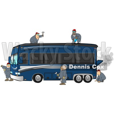 5 Male Mechanics Working Together To Fix And Repair A Broken Down and Smoking Luxurious Blue Bus Conversion Rv Motorhome Clipart Illustration © djart #17400